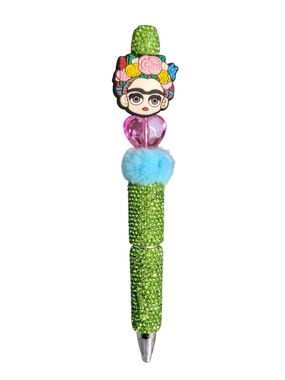Frida-Inspired Green Sparkle Pen with Pink Heart and Blue Pom